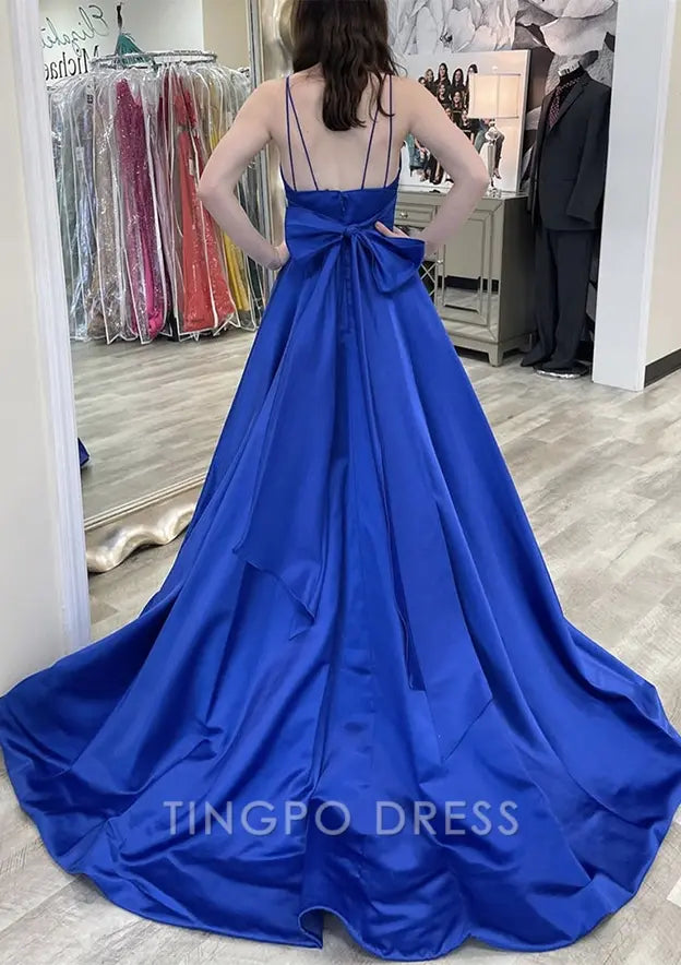 TingPo Wholesale Elegant A-line V Neck Sleeveless Court Train Satin Prom Dress With Bowknot Pleated Waistband